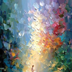 Impasto Forest Meditation Oil Painting, Golden Sunbeam Canvas Art, Spiritual Nature Scene, Textured Oil Paint, Modern Landscape Wall Decor