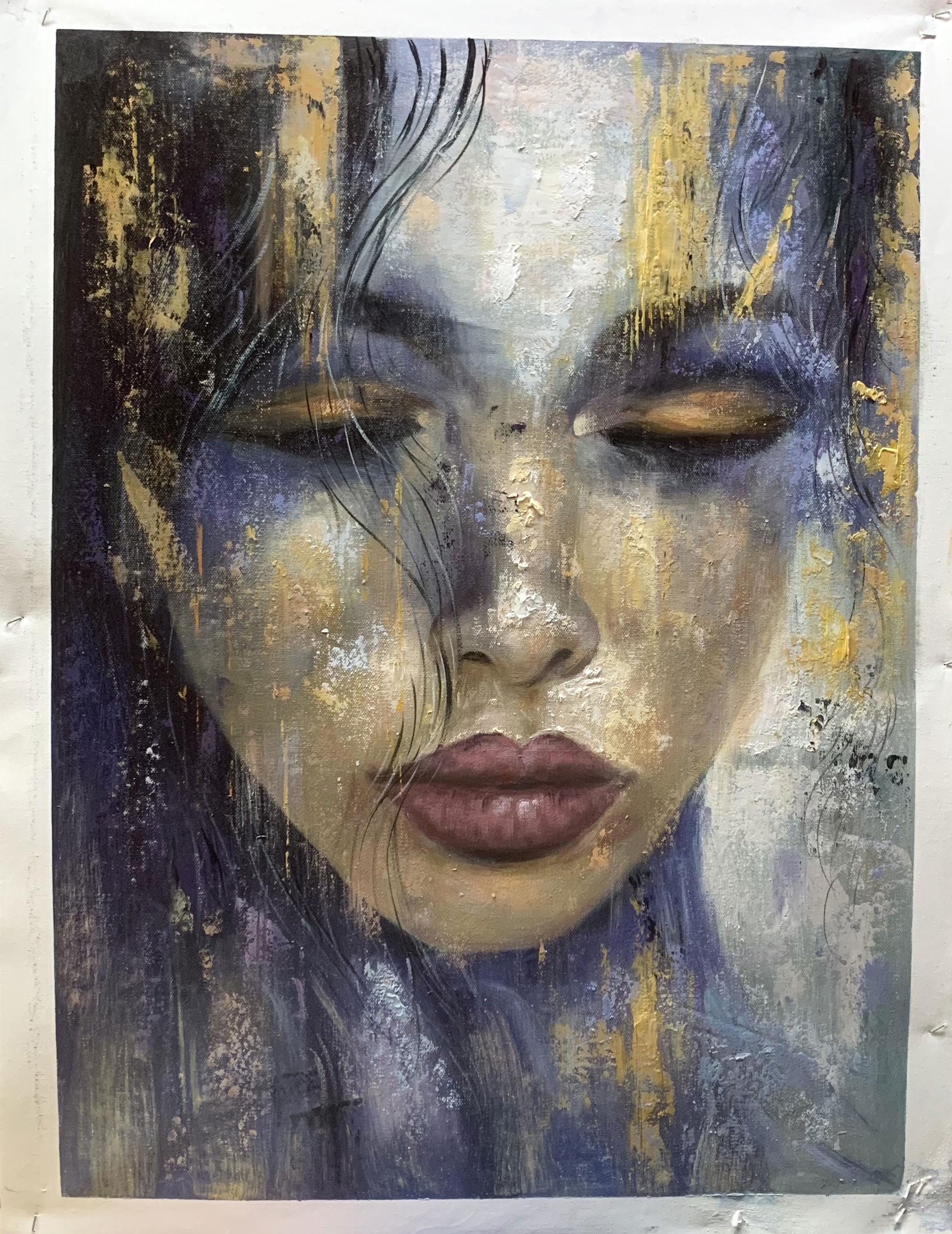 Original Beautiful Girl Face Oil Painting on Canvas Large Wall Art ...
