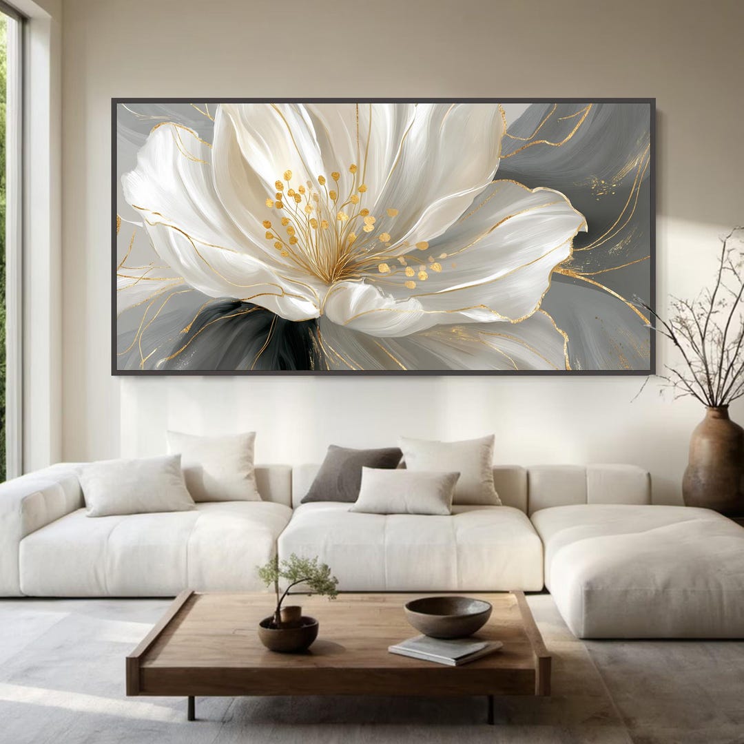 Elegant White Flower Painting With Gold Accents, Modern Abstract ...