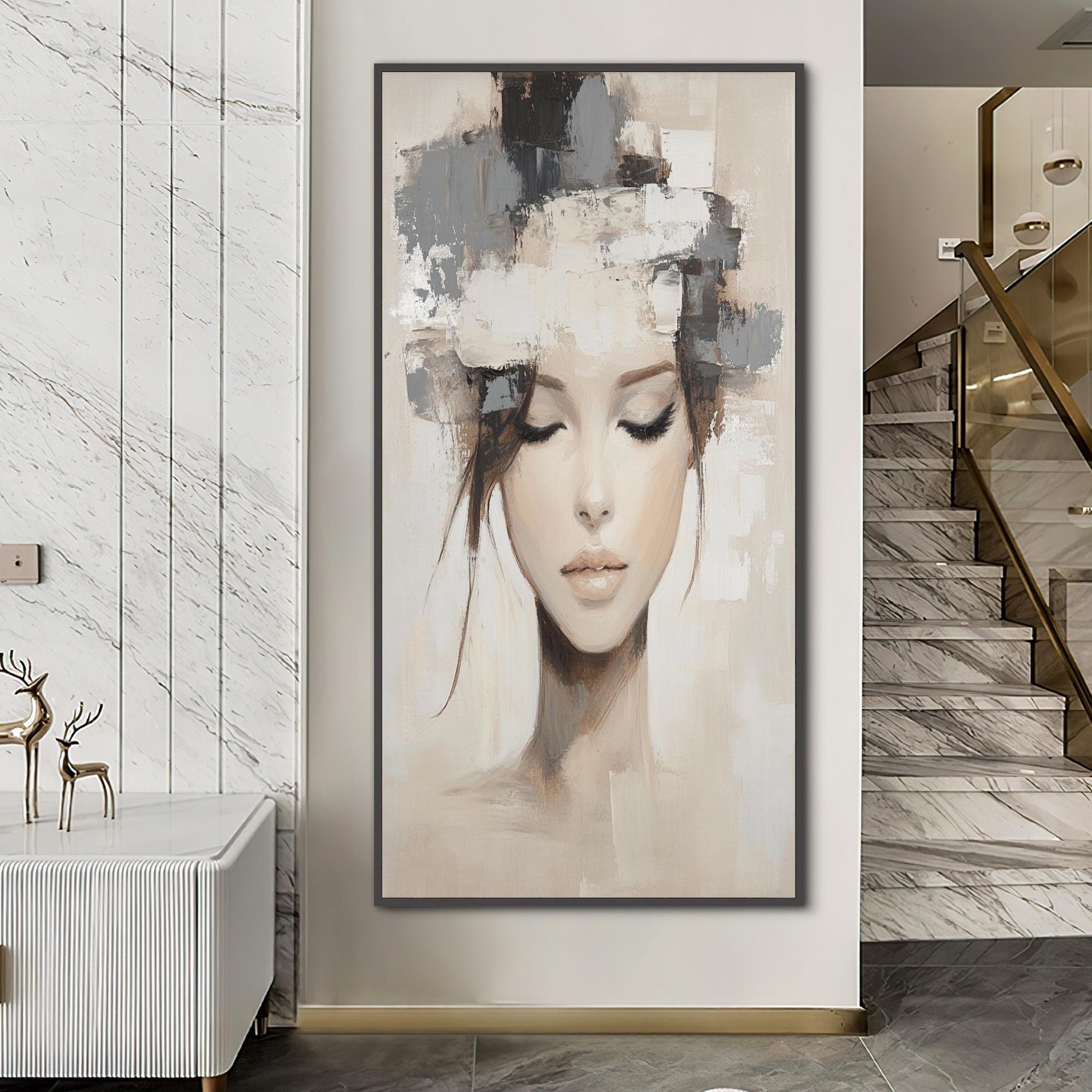 Abstract Woman Portrait Painting on Canvas, Textured Neutral Wall Art ...