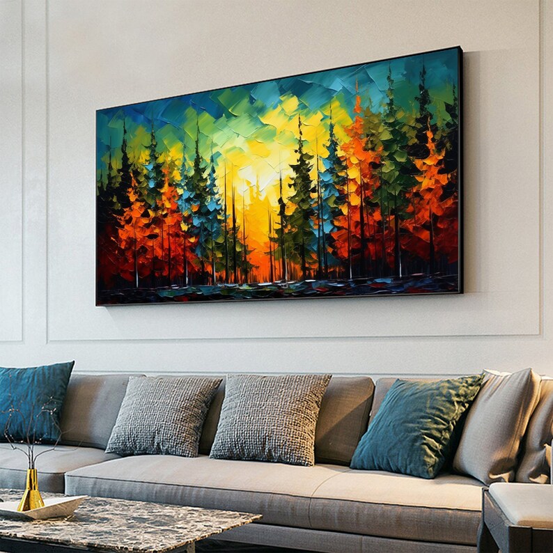 Original Forest Oil Painting on Canvas, Large Wall Art, Sunset Painting ...