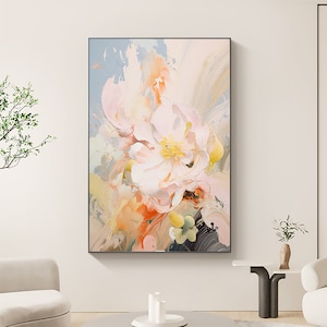 Minimalist Pink Flower Oil Painting on Canvas,Large Wall Art Abstract Original Floral Landscape Art Custom Painting Modern Living Room Decor