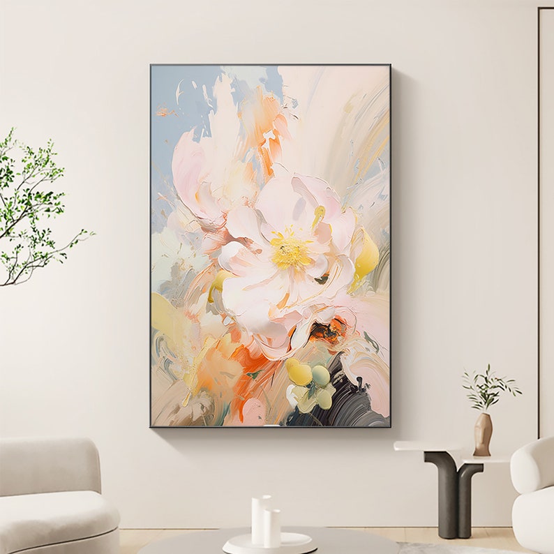 Minimalist Pink Flower Oil Painting on Canvas,Large Wall Art Abstract Original Floral Landscape Art Custom Painting Modern Living Room Decor