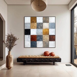 Textured Geometric Art, Large Abstract Painting on Canvas, Neutral Earth Tone Decor, Checkerboard Wall Art for Living Room, Modern Office Art
