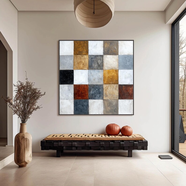Textured Geometric Art, Large Abstract Painting on Canvas, Neutral Earth Tone Decor, Checkerboard Wall Art for Living Room, Modern Office Art