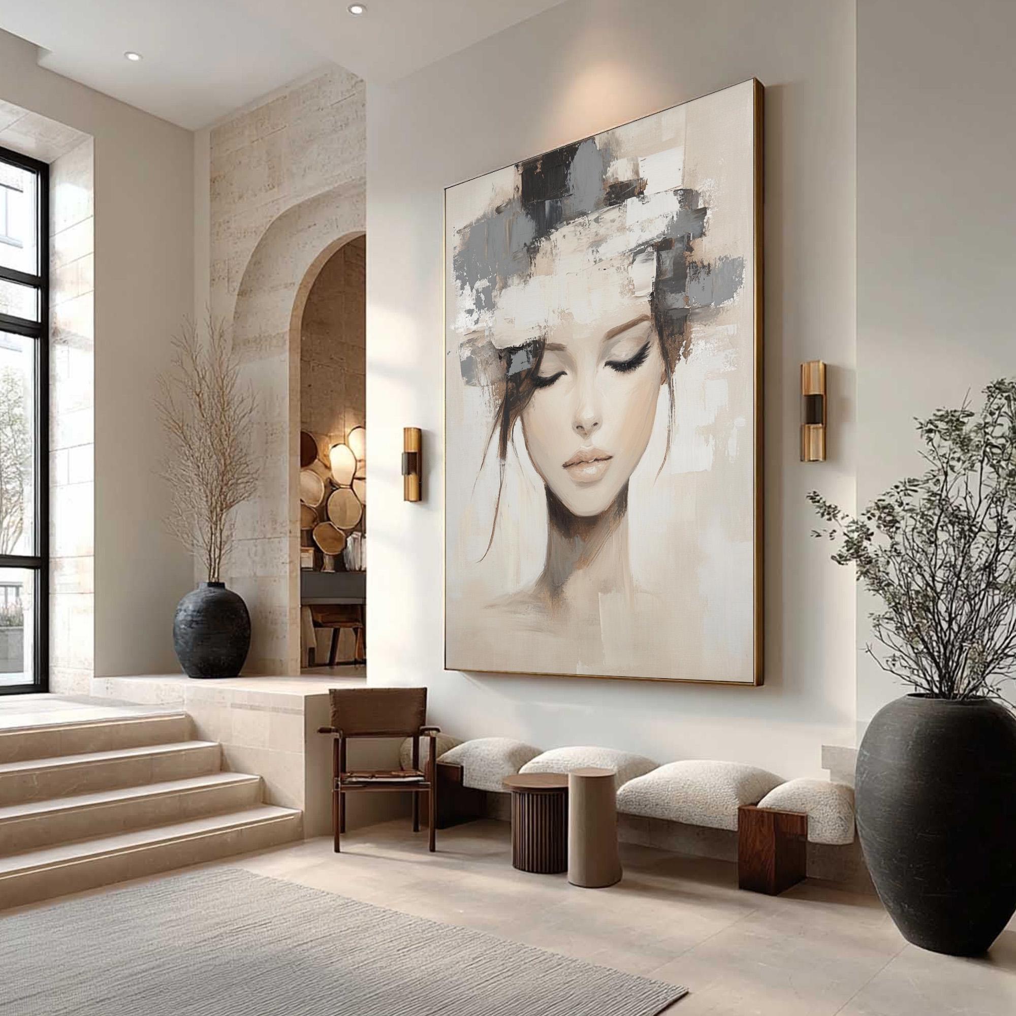 Abstract Woman Portrait Painting on Canvas, Textured Neutral Wall Art ...
