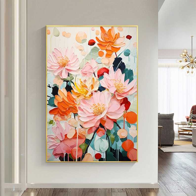 Minimalist Flower Oil Painting on Canvas,Large Wall Art Abstract Original Pink Floral Landscape Art Custom Painting Modern Living Room Decor
