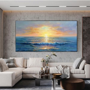 Original Sunset Seascape Oil Painting on Canvas, Large Wall Art ...