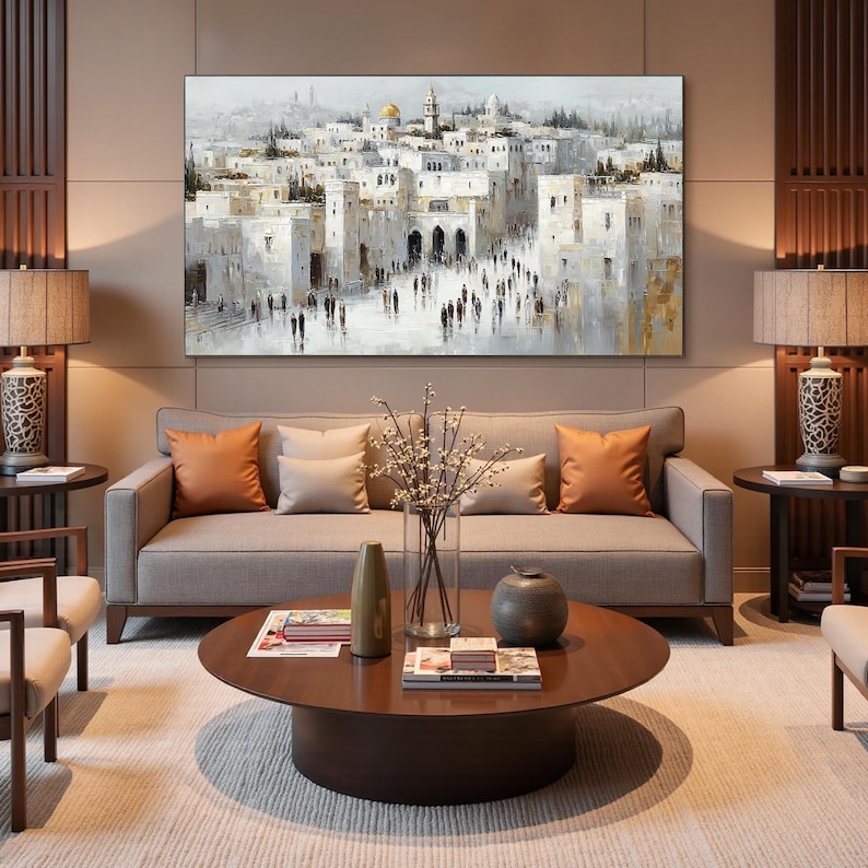 Capture the soul of Jerusalem with this textured oil painting—rich in architecture, history, and light. A stunning cityscape for collectors of Middle Eastern or modern impressionist art.