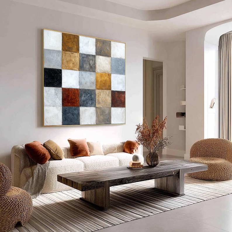 Textured Geometric Art, Large Abstract Painting on Canvas, Neutral Earth Tone Decor, Checkerboard Wall Art for Living Room, Modern Office Art