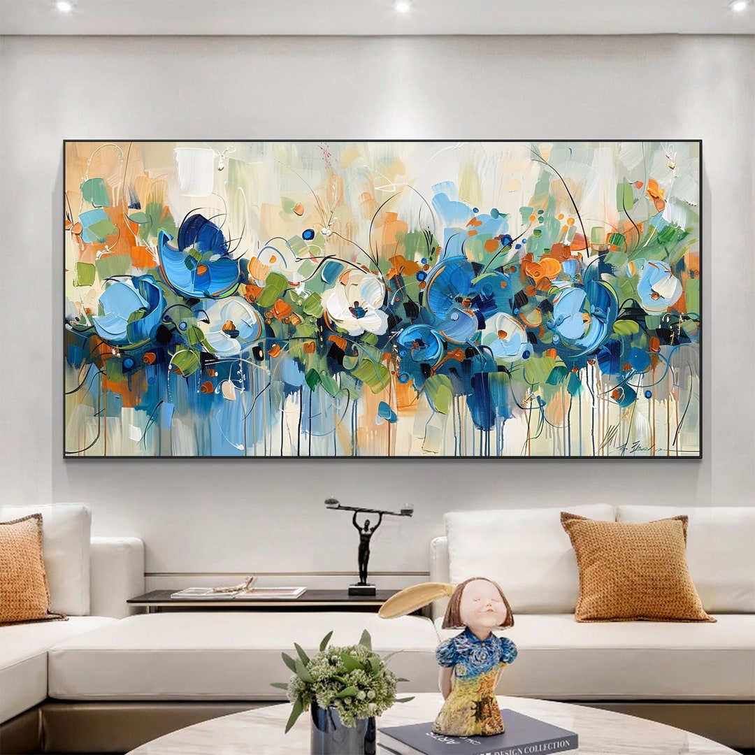 Large Abstract Flower Oil Painting on Canvas Wall Art, Original Blue ...