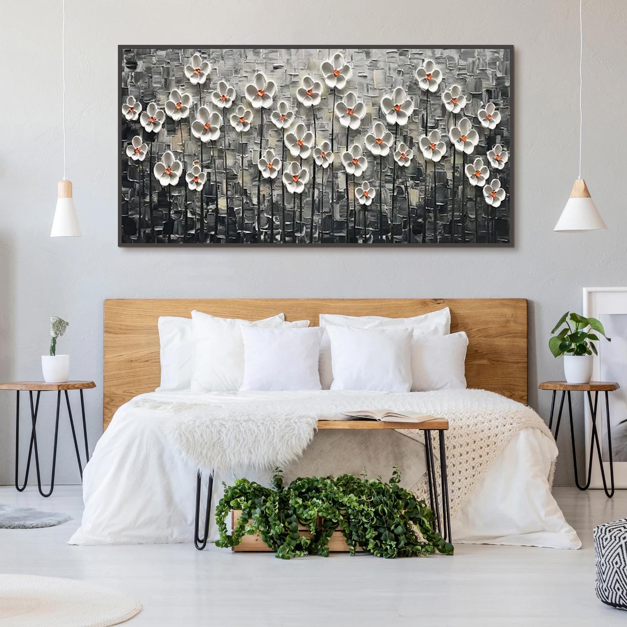 オリジナルの質感のある白い花の絵画、黒い茎の中心にある花のアート 
