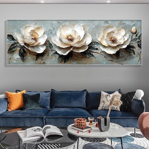 Large Horizontal Flowers Oil Painting On Canvas, Original Abstract Panoramic 3D Textured Floral Wall Art, Custom Painting, Living Room Decor