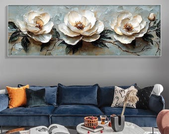 Große horizontale Blumen Ölgemälde auf Leinwand, ursprüngliche abstrakte Panorama 3D strukturierte Blumenwandkunst, kundenspezifische Malerei, Wohnzimmerdekor