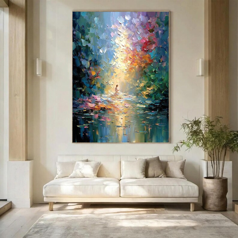 Impasto Forest Meditation Oil Painting, Golden Sunbeam Canvas Art, Spiritual Nature Scene, Textured Oil Paint, Modern Landscape Wall Decor