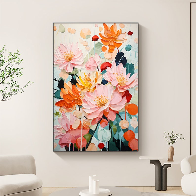 Minimalist Flower Oil Painting on Canvas,Large Wall Art Abstract Original Pink Floral Landscape Art Custom Painting Modern Living Room Decor