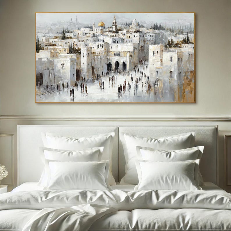 Capture the soul of Jerusalem with this textured oil painting—rich in architecture, history, and light. A stunning cityscape for collectors of Middle Eastern or modern impressionist art.