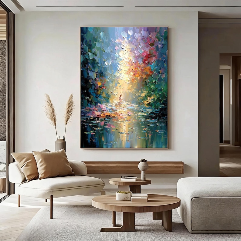 Impasto Forest Meditation Oil Painting, Golden Sunbeam Canvas Art, Spiritual Nature Scene, Textured Oil Paint, Modern Landscape Wall Decor