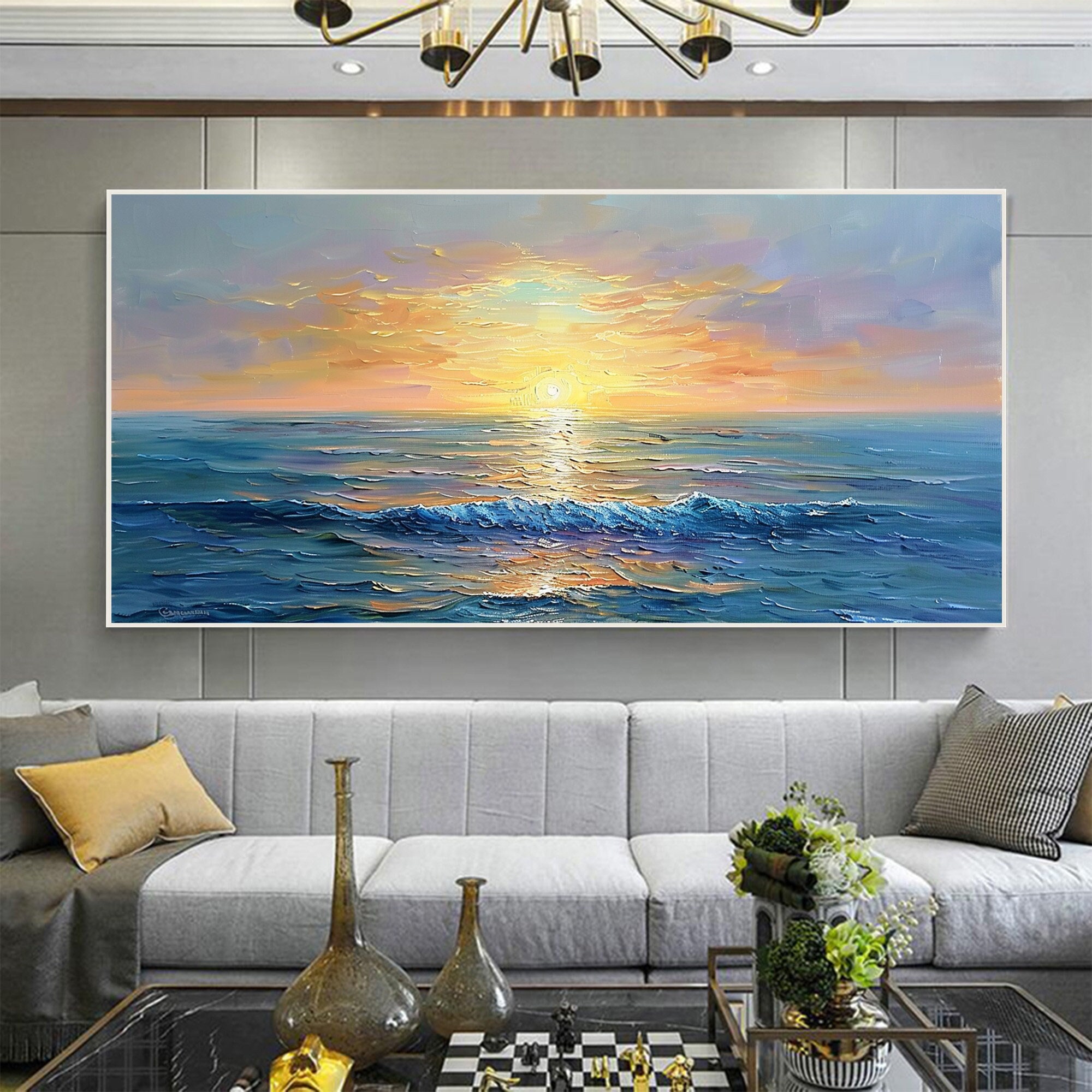 Original Sunset Seascape Oil Painting on Canvas, Large Wall Art ...