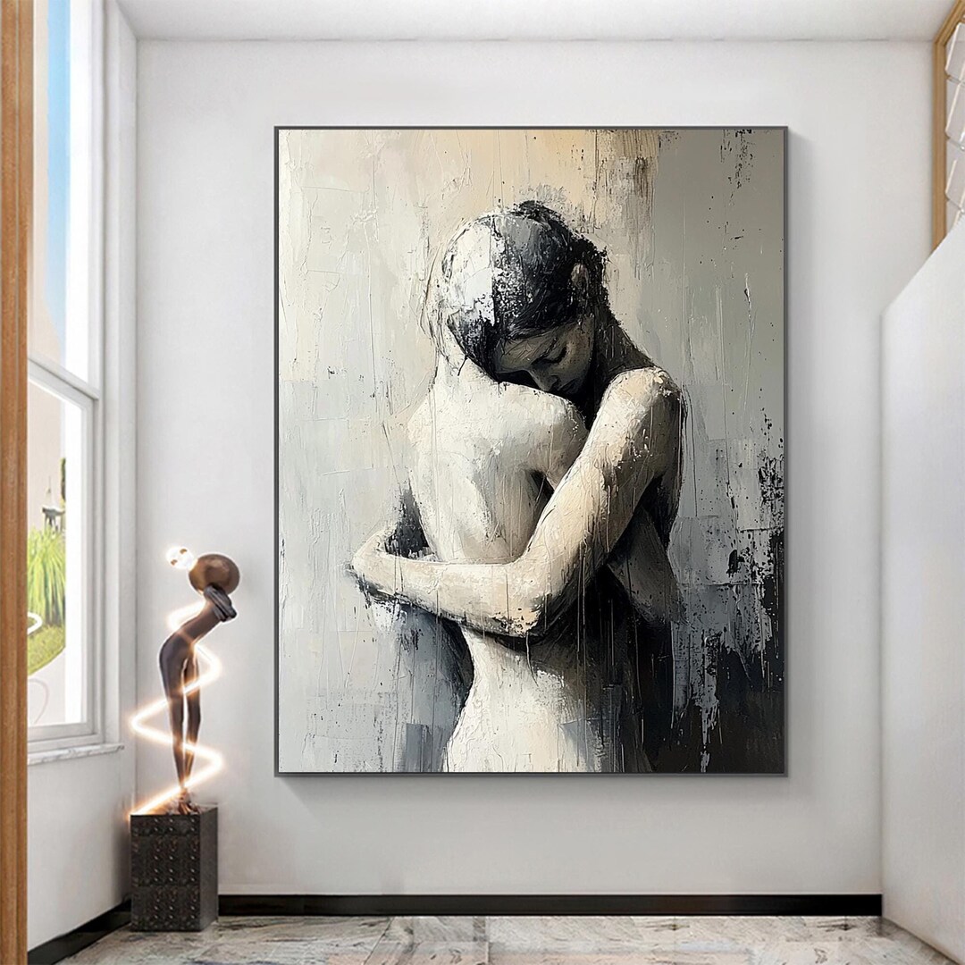 Original Portrait Oil Painting on Canvas, Large Wall Art, Abstract Grey ...