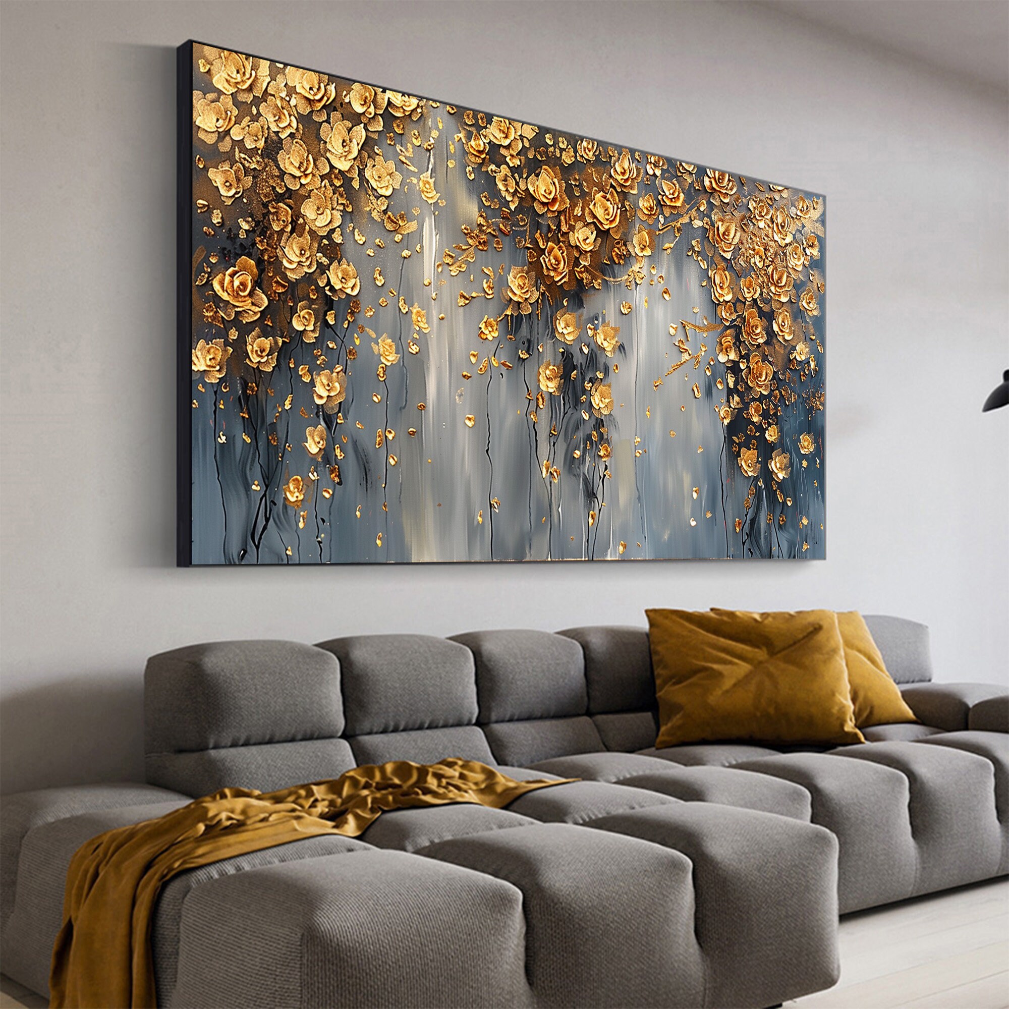 Abstract Gold Flower Oil Painting on Canvas,large Wall Art Original ...