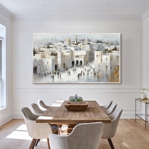 Capture the soul of Jerusalem with this textured oil painting—rich in architecture, history, and light. A stunning cityscape for collectors of Middle Eastern or modern impressionist art.