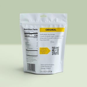 Puede incluir: Una bolsa blanca de granola con una etiqueta amarilla que dice "ORIGINAL". La bolsa incluye informaci&oacute;n nutricional, un c&oacute;digo QR y el texto "Scan for recipes & more!". La bolsa est&aacute; sellada y tiene un peque&ntilde;o agujero en la parte superior.