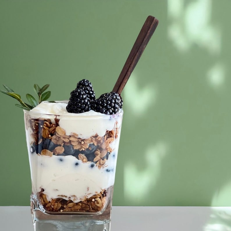 Berry parfait with layers of Greek yogurt, blueberries, and granola. The perfect healthy snack.
