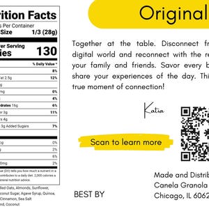 May include: A nutrition facts label for a granola product with 130 calories per serving. The label lists the ingredients, including rolled oats, almonds, sunflower, coconut oil, coconut sugar, agave syrup, quinoa, raisins, seeds, cinnamon, and sea salt. The label also includes a QR code and the text "Scan to learn more".