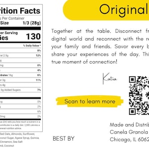May include: A nutrition facts label for a granola product with 130 calories per serving. The label lists the ingredients, including rolled oats, almonds, sunflower, coconut oil, coconut sugar, agave syrup, quinoa, raisins, seeds, cinnamon, and sea salt. The label also includes a QR code and the text "Scan to learn more".
