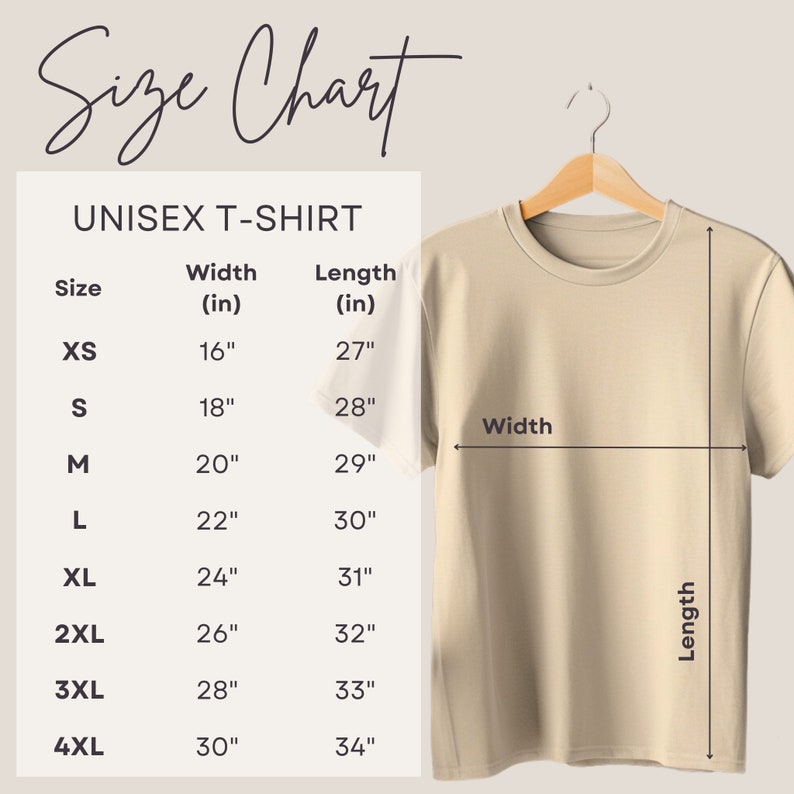 May include: Unisex t-shirt size chart with measurements in inches. The chart shows the width and length of the shirt in inches for sizes XS to 4XL.
