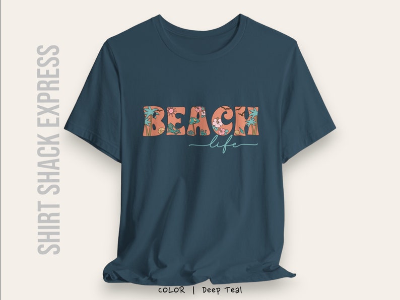Retro font decorated with beach accents that says Beach life on a t-shirt