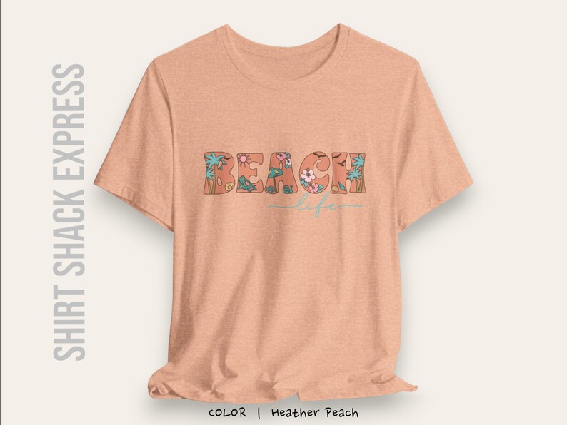 Retro font decorated with beach accents that says Beach life on a t-shirt
