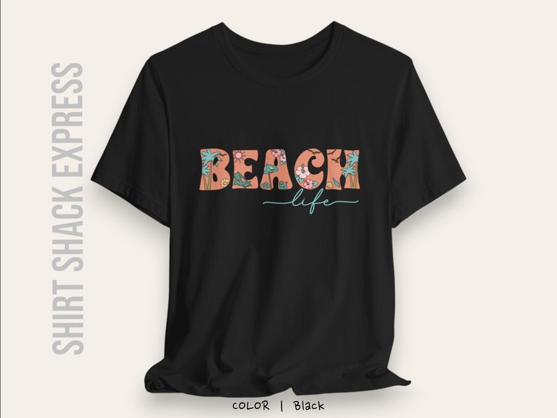 Retro font decorated with beach accents that says Beach life on a t-shirt