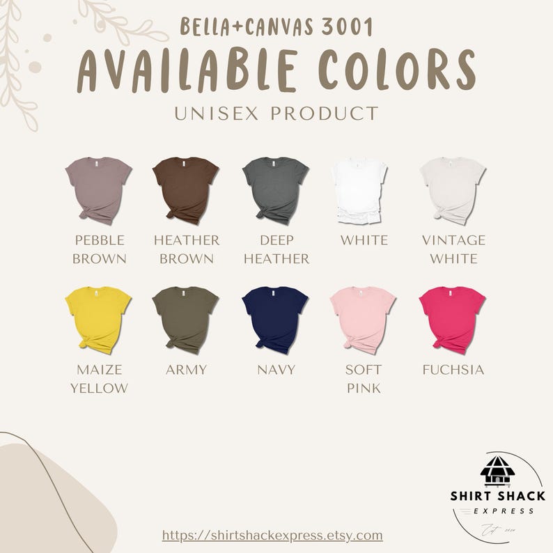 K&ouml;nnte beinhalten: Eine Tabelle mit den verf&uuml;gbaren Farben f&uuml;r Unisex-T-Shirts von Bella + Canvas 3001. Die Farben umfassen Pebble Brown, Heather Brown, Deep Heather, Wei&szlig;, Vintage White, Maize Yellow, Army, Navy, Soft Pink und Fuchsia.