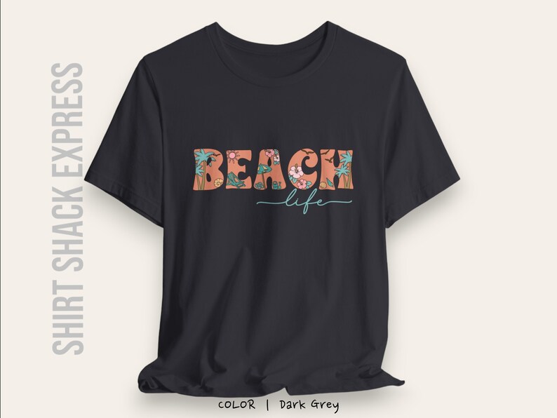 Retro font decorated with beach accents that says Beach life on a t-shirt