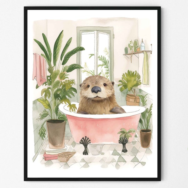 Sea Otter Decor Bathroom Botanical Art Print Poster, Sea Otter Decor Wall Art Tropical Boho Decoration, Bathroom Decor Artwork