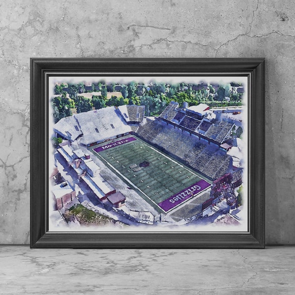 Washington-Grizzly Stadium Art Print Poster, Missoula Montana Football Fan Team Watercolor, Stadium Art Gifts