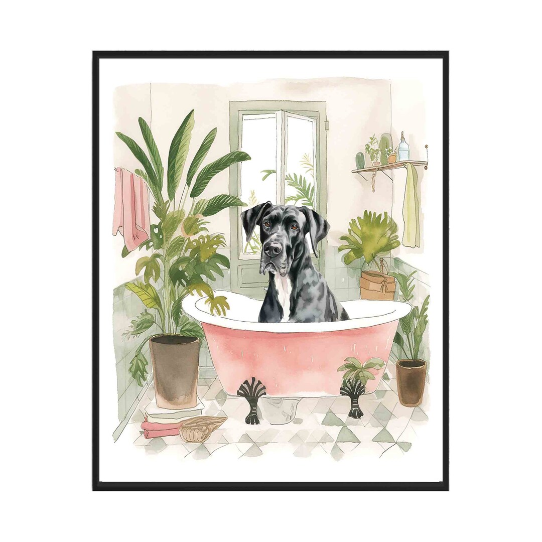 Great Dane Bathroom Botanical Art Print Poster, Great Dane Bath Wall