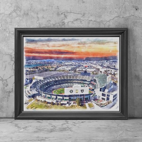 RingCentral Coliseum Art Print Poster, Oakland California Baseball Fan Team Watercolor, Stadium Art Gifts