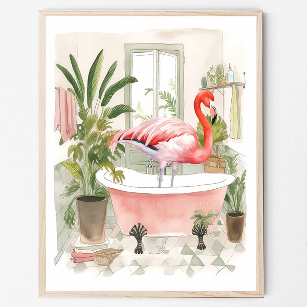 Flamingo Bathroom Botanical Art Print Poster, Flamingo Wall Art Tropical Boho Decoration, Bathroom Decor Artwork