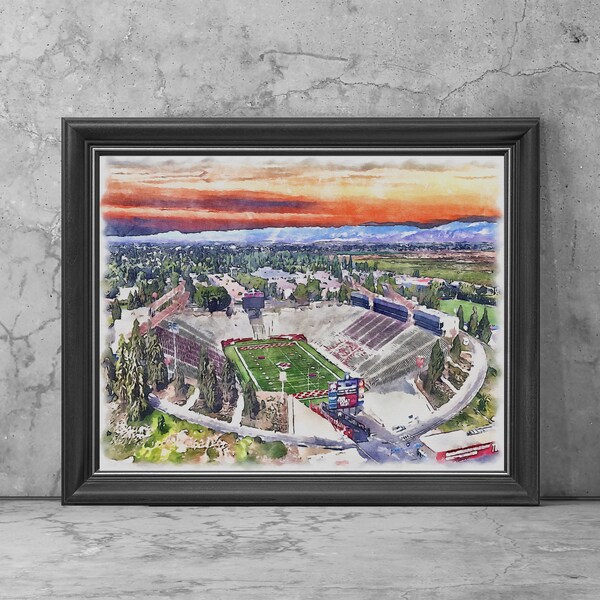 Bulldog Stadium Art Print Poster, Fresno Football Fan Team Watercolor, Stadium Art Gifts