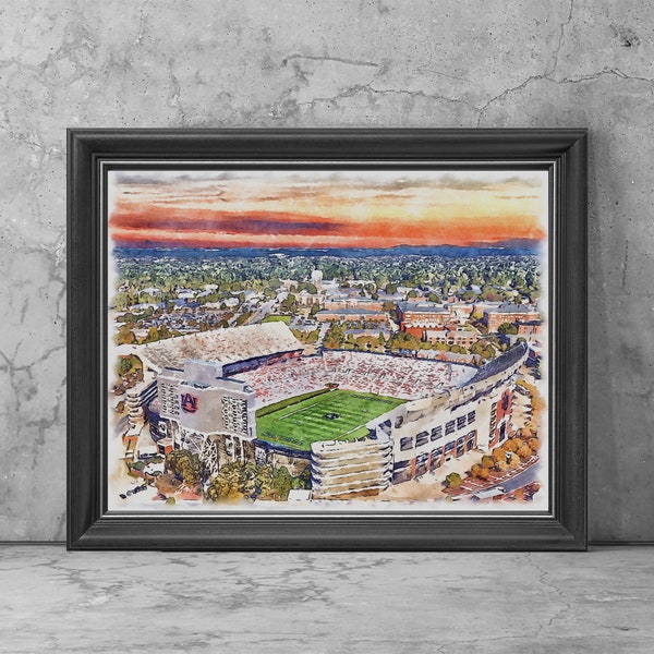Jordan–Hare Stadium Art Print Poster, Auburn Alabama Football Fan Team Watercolor, Stadium Art Gifts