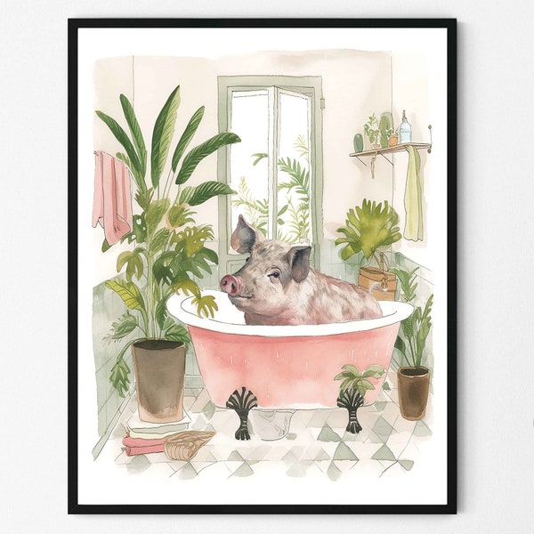 Pig Bathroom Botanical Art Print Poster, Pig Wall Art Tropical Boho Decoration, Bathroom Decor Artwork