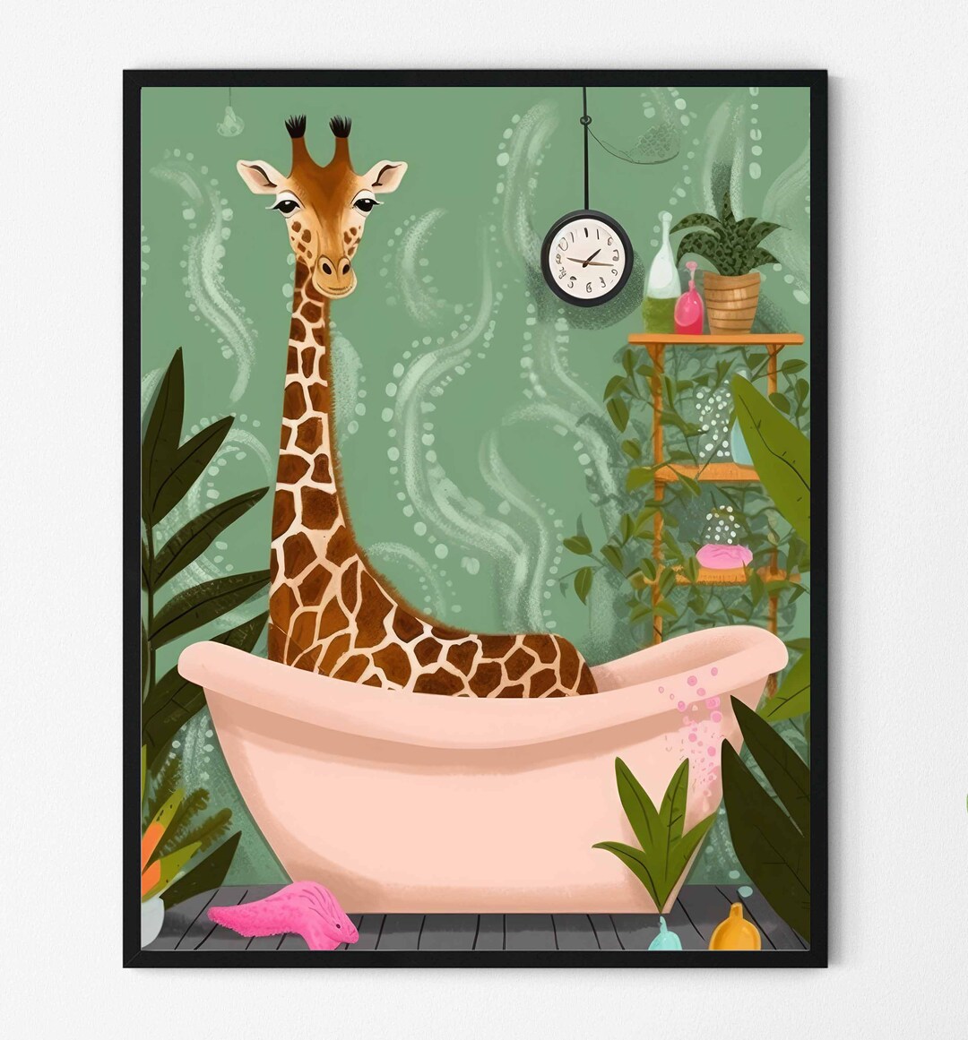 Giraffe Bathroom Botanical Art Print Poster, Giraffe Wall Art Tropical ...