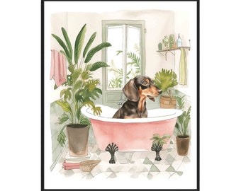 Dachshund Bathroom Botanical Art Print Poster, Dachshund Bath Wall Art Tropical Boho Decoration, Bathroom Decor Artwork