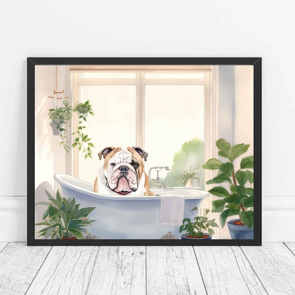 Bulldog Decor Bathroom Botanical Art Print Poster, Bulldog Wall Art Tropical Boho Decoration, Bathroom Decor Artwork
