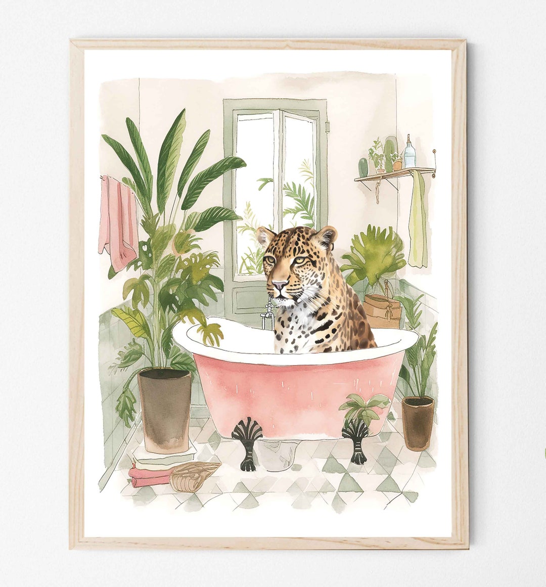 Leopard Bathroom Botanical Art Print Poster, Leopard Wall Art Tropical ...