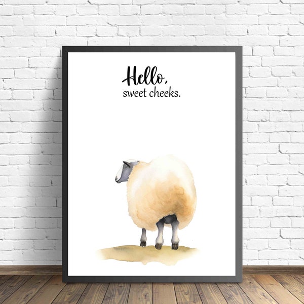 Sheep "Hello, Sweet Cheeks" Bathroom Art Print Poster, Sheep Wall Art Humor Decoration, Bathroom Decor Funny