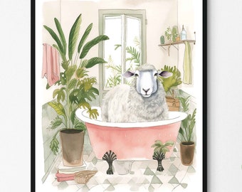 Sheep Decor Bathroom Botanical Art Print Poster, Sheep Decor Wall Art Tropical Boho Decoration, Bathroom Decor Artwork